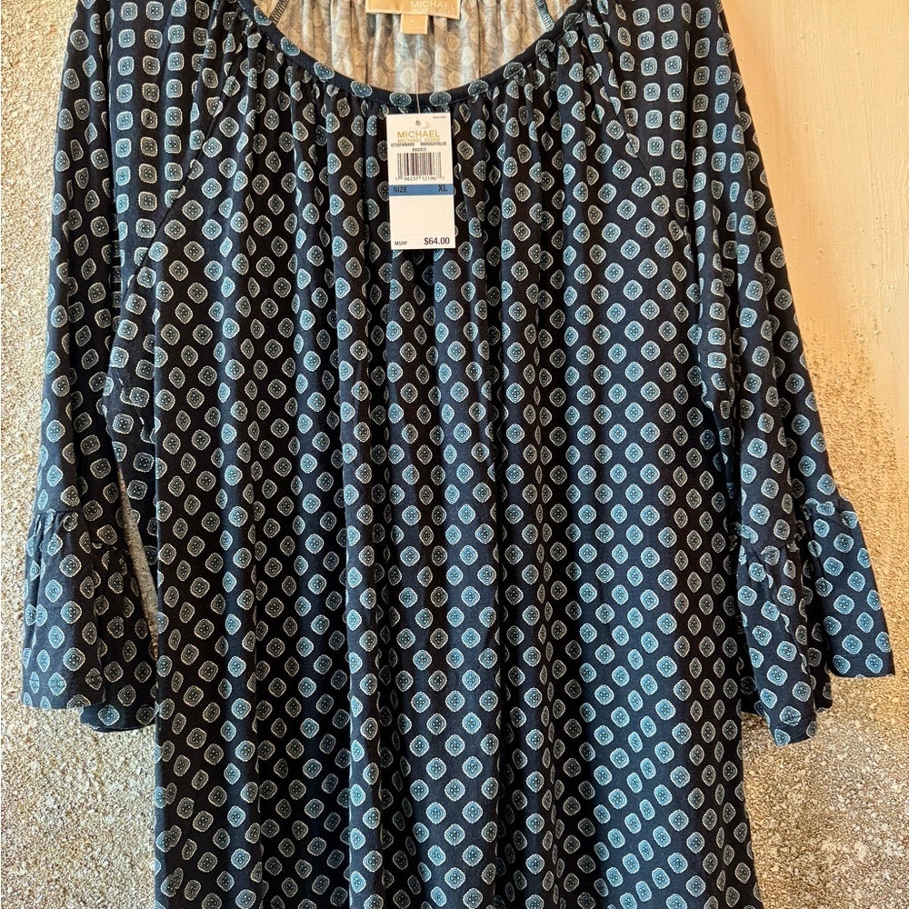 Michael Kors Blue and White Flutter Sleeve Blouse